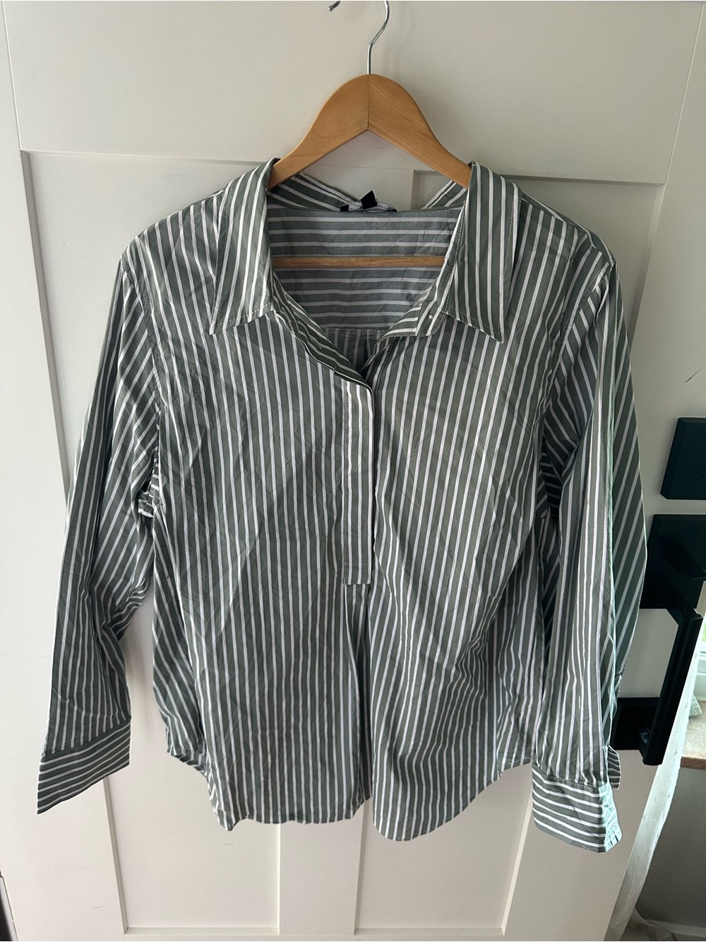 Universal Standard Half Placket Sage and White Striped Shirt